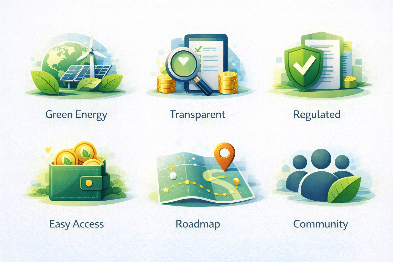 SDA Token key features: Green Energy, Transparent, Regulated, Easy Access, Roadmap, Community - illustrating compliance and accessibility pillars