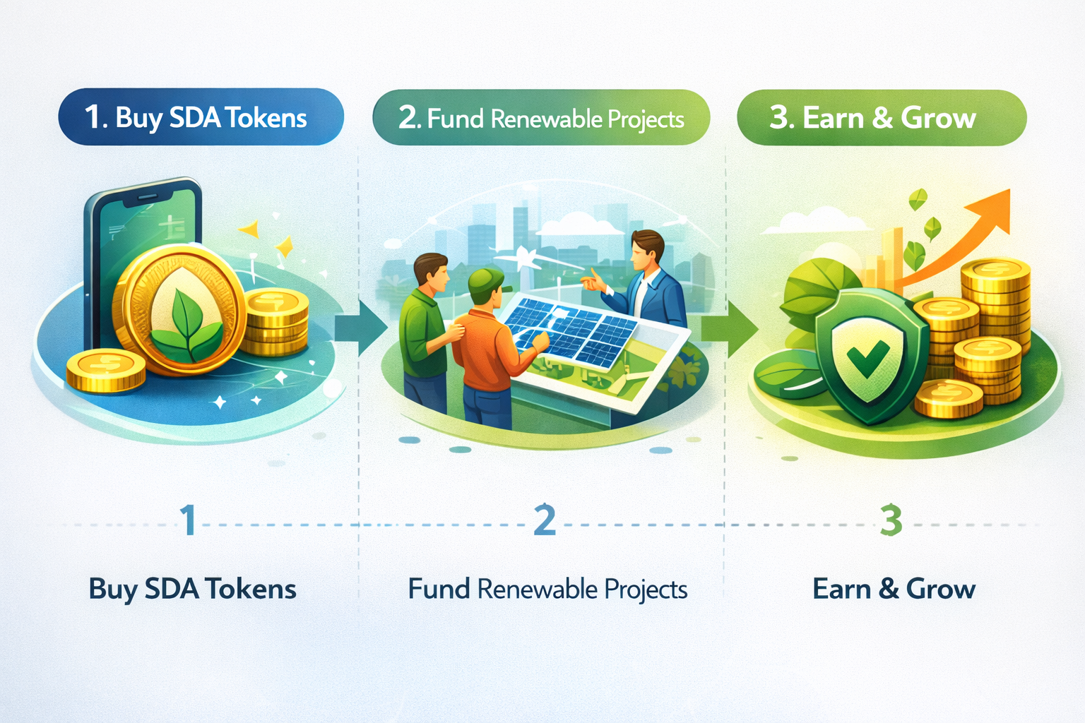 Three step process: Acquire SDA Tokens, Fund Clean Energy, Track Your Impact