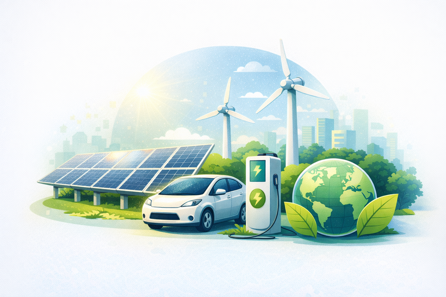 Sustainable future with electric vehicles, solar panels, wind turbines and green globe