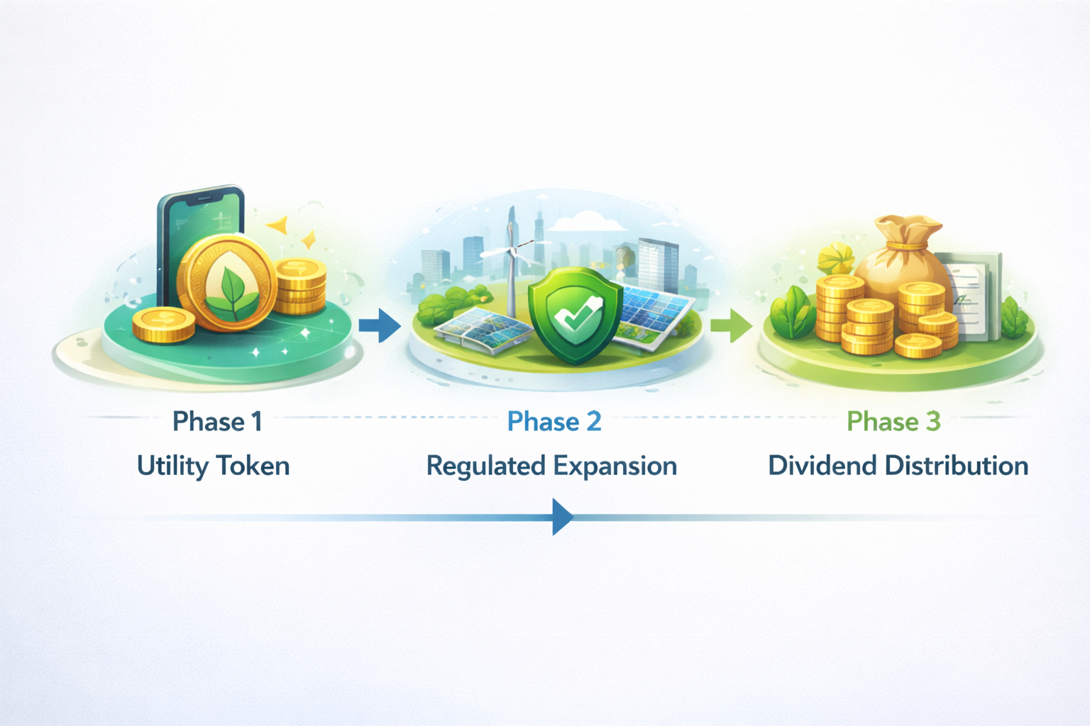 SDA Token three-phase roadmap: Phase 1 Utility Token, Phase 2 Regulated Expansion, Phase 3 Dividend Distribution