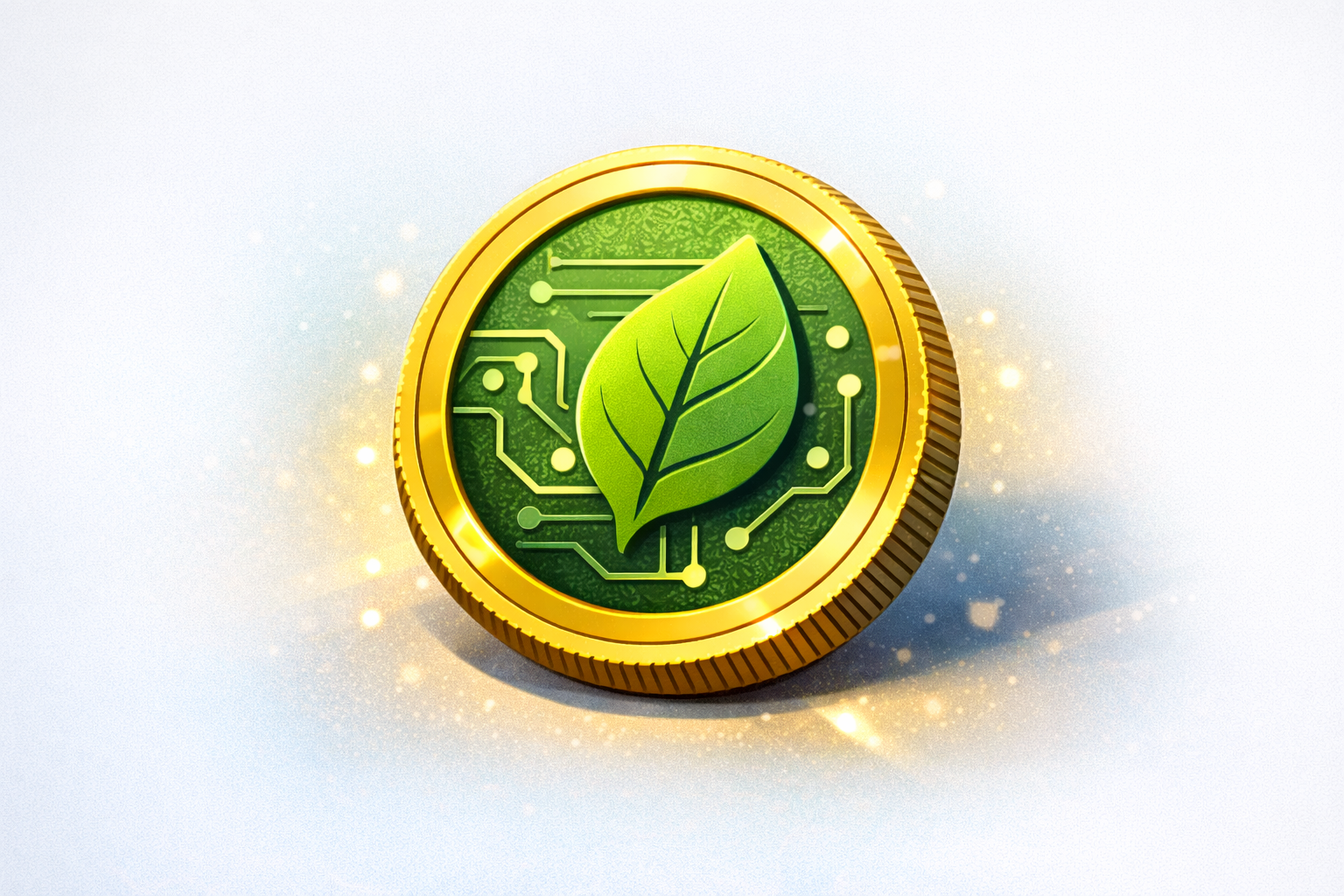 SDA Token coin design with leaf and circuit pattern symbolizing sustainable technology